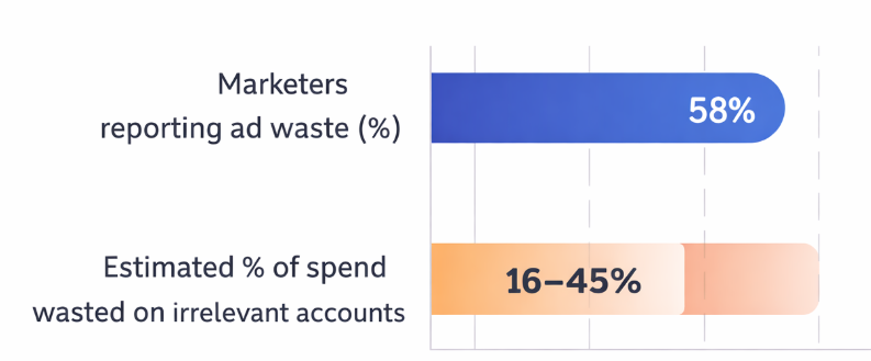 Bar chart showing 58 percent of B2B marketers reporting ad waste and a spend waste range of 16 to 45 percent on irrelevant accounts