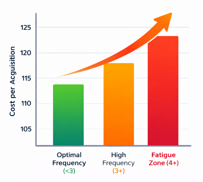 Bar chart comparing cost per acquisition at different ad frequency levels, showing a 10–25 percent increase at higher frequencies
