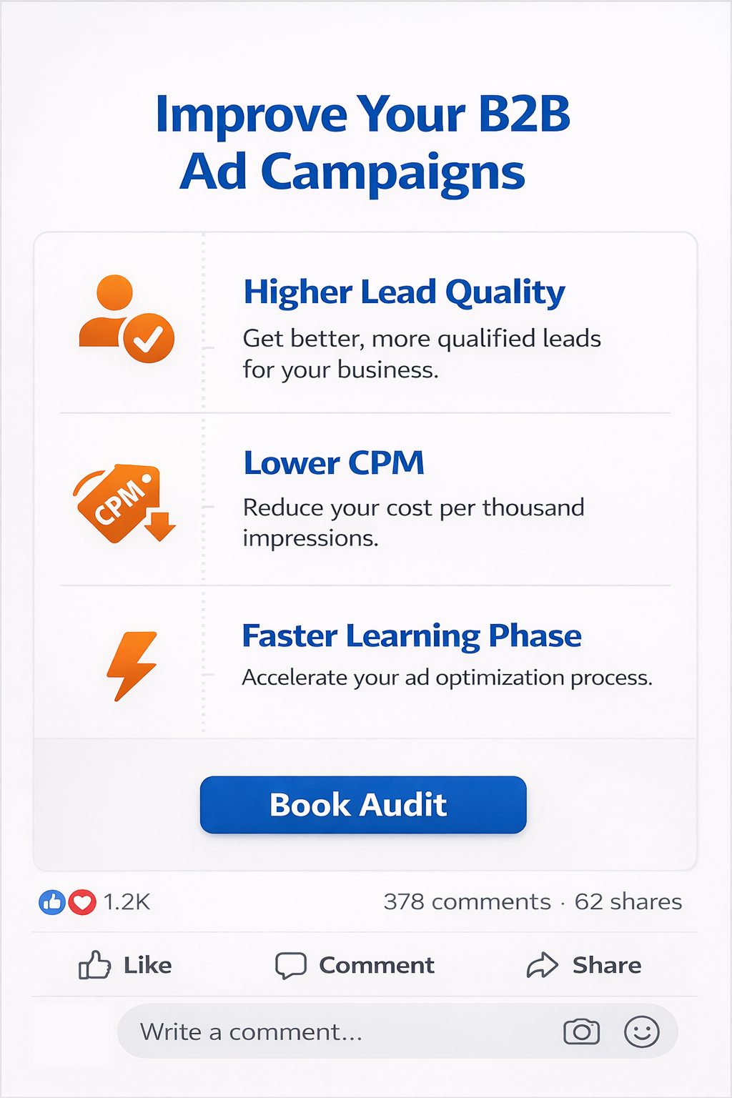Facebook ad mockup with three bullet benefits&mdash;Higher Lead Quality, Lower CPM, Faster Learning Phase&mdash;and a Book Audit CTA.
