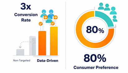 Infographic showing data-driven ads achieving three times the conversion and 80% of consumers more likely to engage with personalized advertising