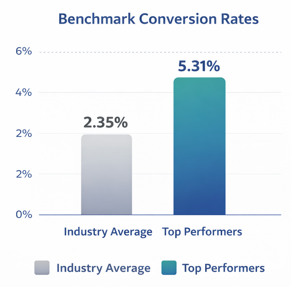 Benchmark bar chart comparing 2.35% average funnel conversion rate with 5.31% conversion rate for top landing pages