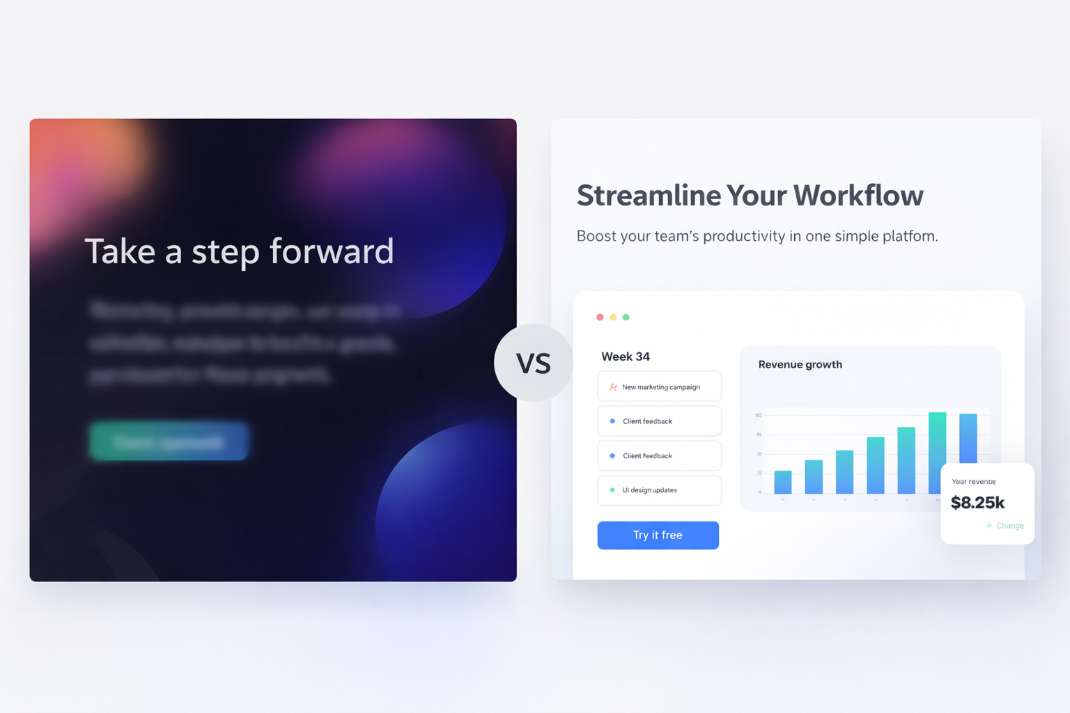 Side-by-side ad comparison showing abstract branding versus clear SaaS product demo with improved bar chart design.