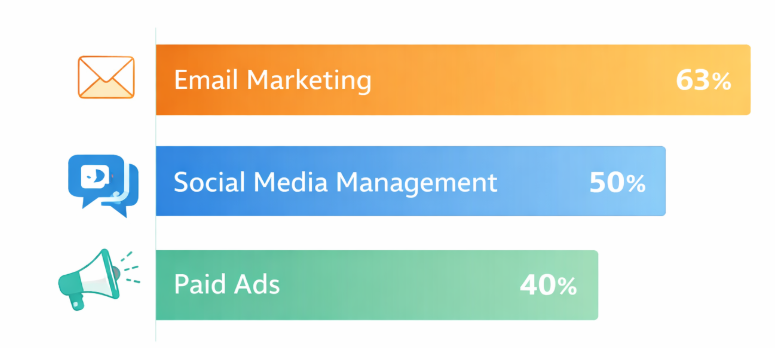 Bar chart showing 544% ROI for marketing automation and 80% of companies reporting increased leads.