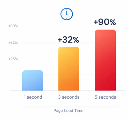 Bar chart showing that bounce probability increases by 32% when page load time rises from 1 to 3 seconds and by 90% at 5 seconds
