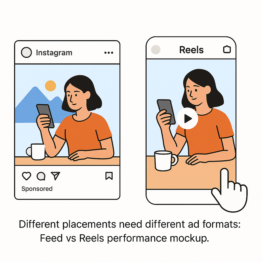 Side-by-side mockup comparing Instagram Feed ad with Reels ad showing format and engagement differences