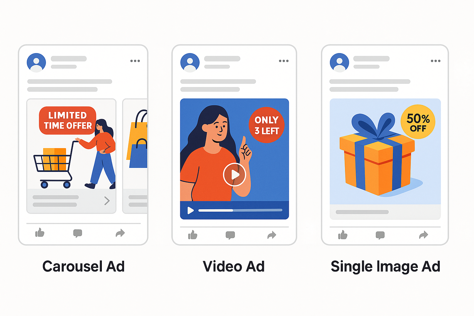 Illustrated Facebook ad mockups: carousel, video, and single image formats.
