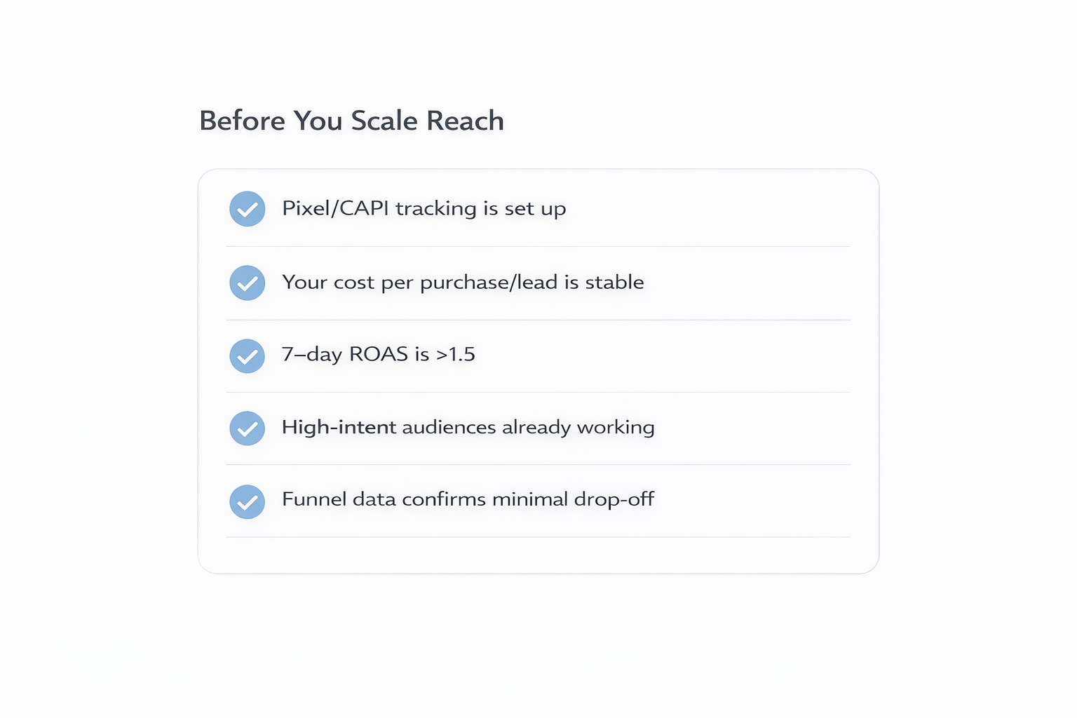 Minimalist checklist showing key conditions to meet before scaling reach in social media ad campaigns, including tracking setup and ROAS stability.