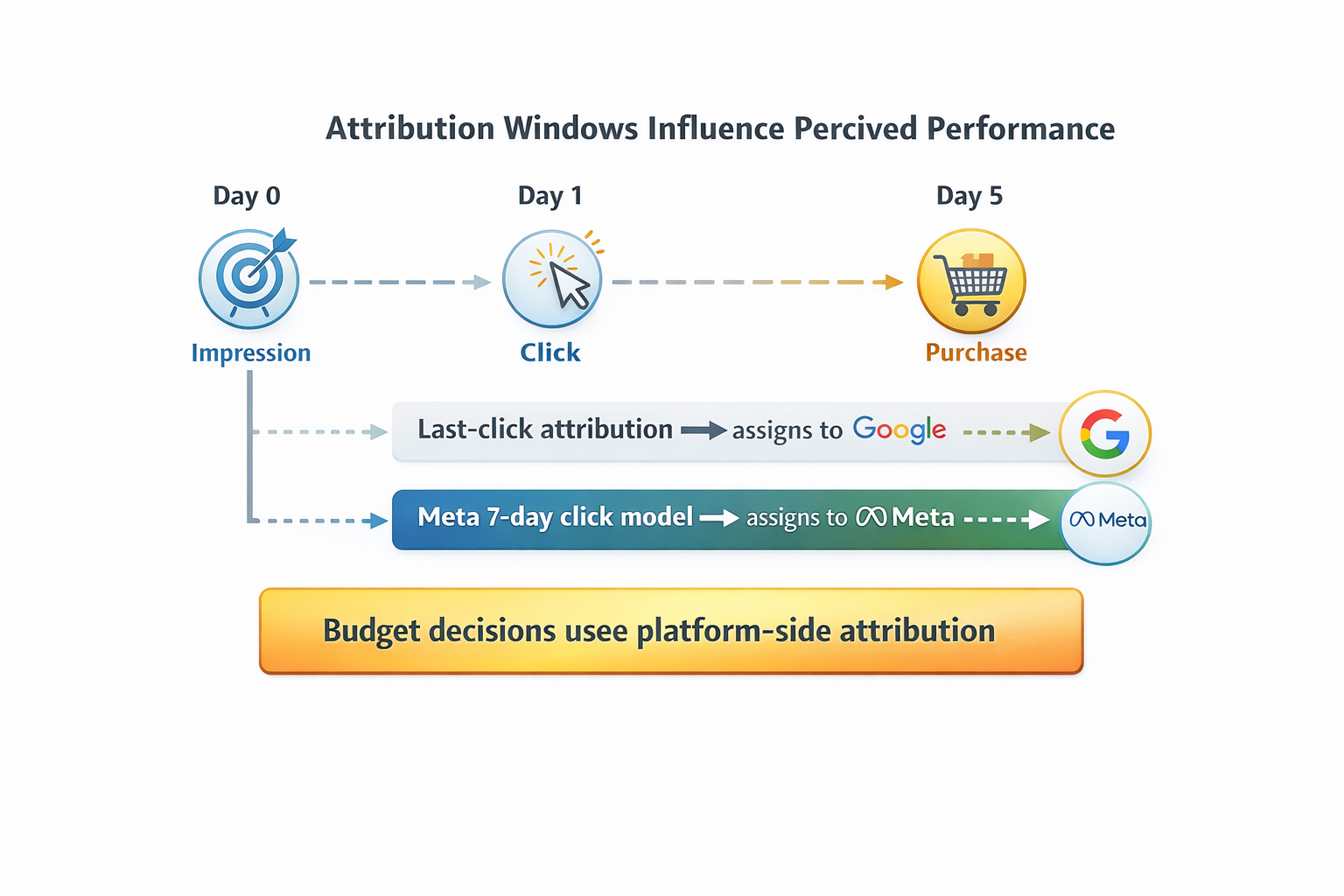 Timeline showing impression, click, and purchase with last-click vs Meta 7-day attribution comparison.