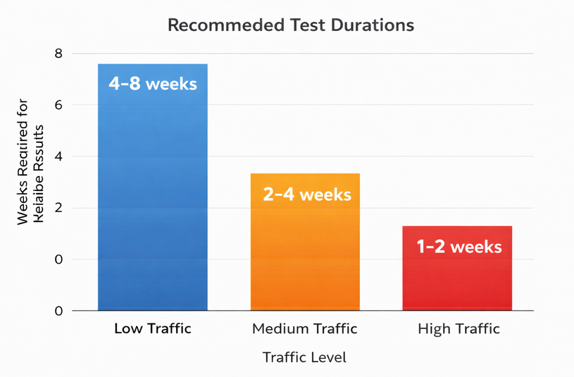 Grouped column chart showing recommended test durations: low traffic 4&ndash;8 weeks, medium traffic 2&ndash;4 weeks, high traffic 1&ndash;2 weeks