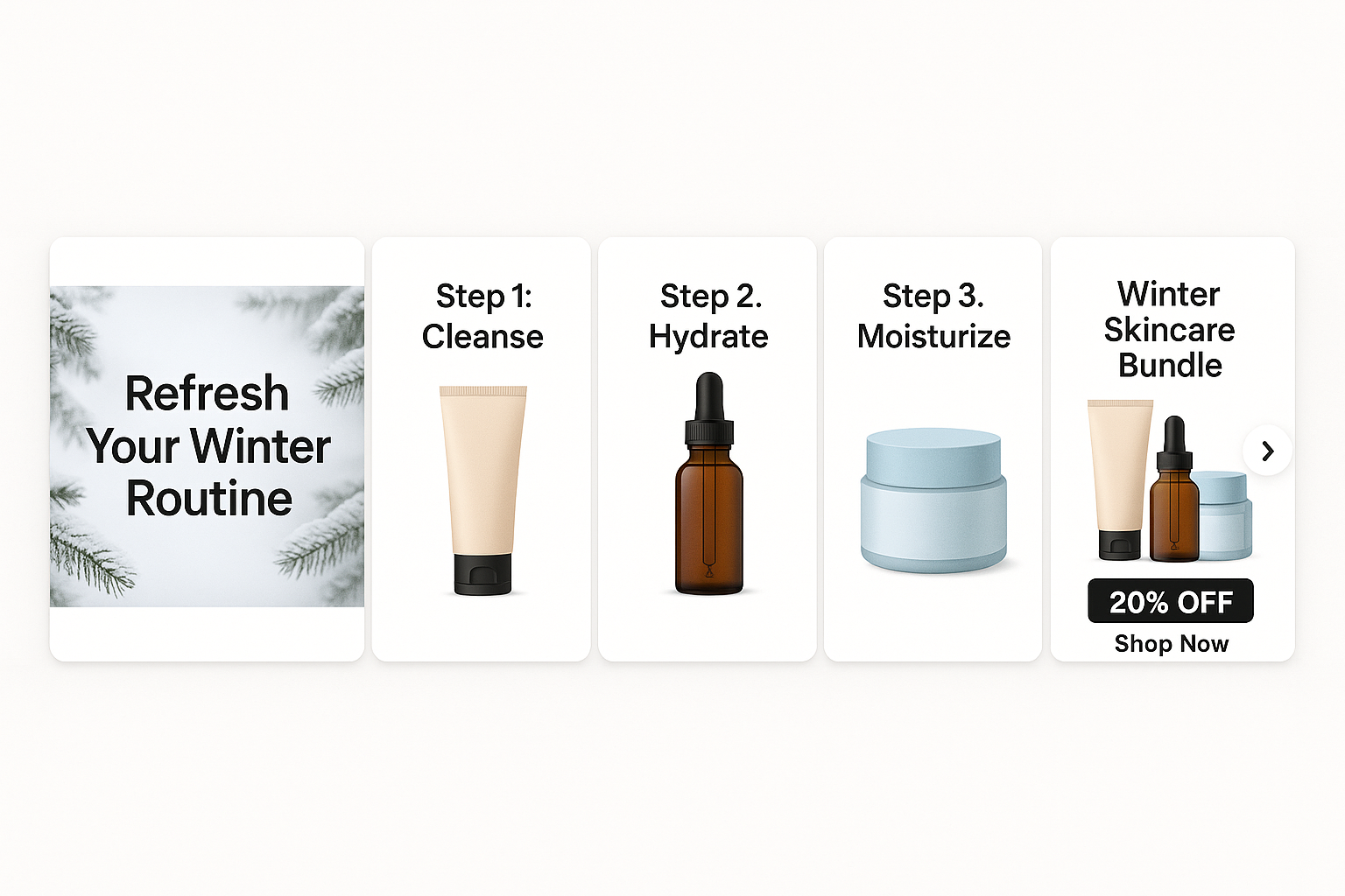 Illustrated carousel ad showing a winter skincare routine in five steps, ending with a bundle offer and discount.