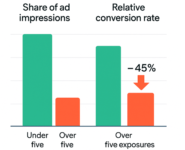 Bar chart comparing share of ad impressions under five exposures vs over five exposures per 30 days, and corresponding drop in conversion likelihood when exposure exceeds five times