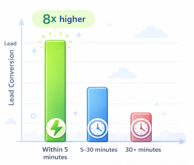 Bar chart comparing lead conversion rates based on response time, showing significantly higher conversions for responses within five minutes