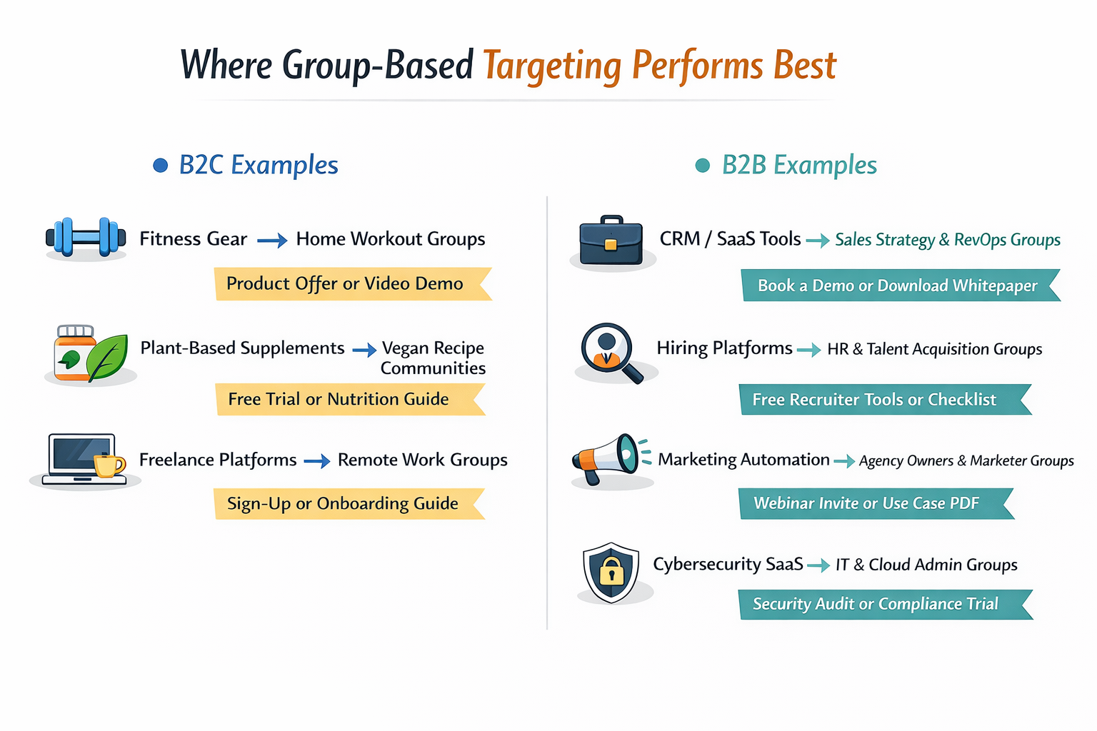 Infographic comparing B2C and B2B examples of effective Facebook group-based targeting strategies using LeadEnforce.