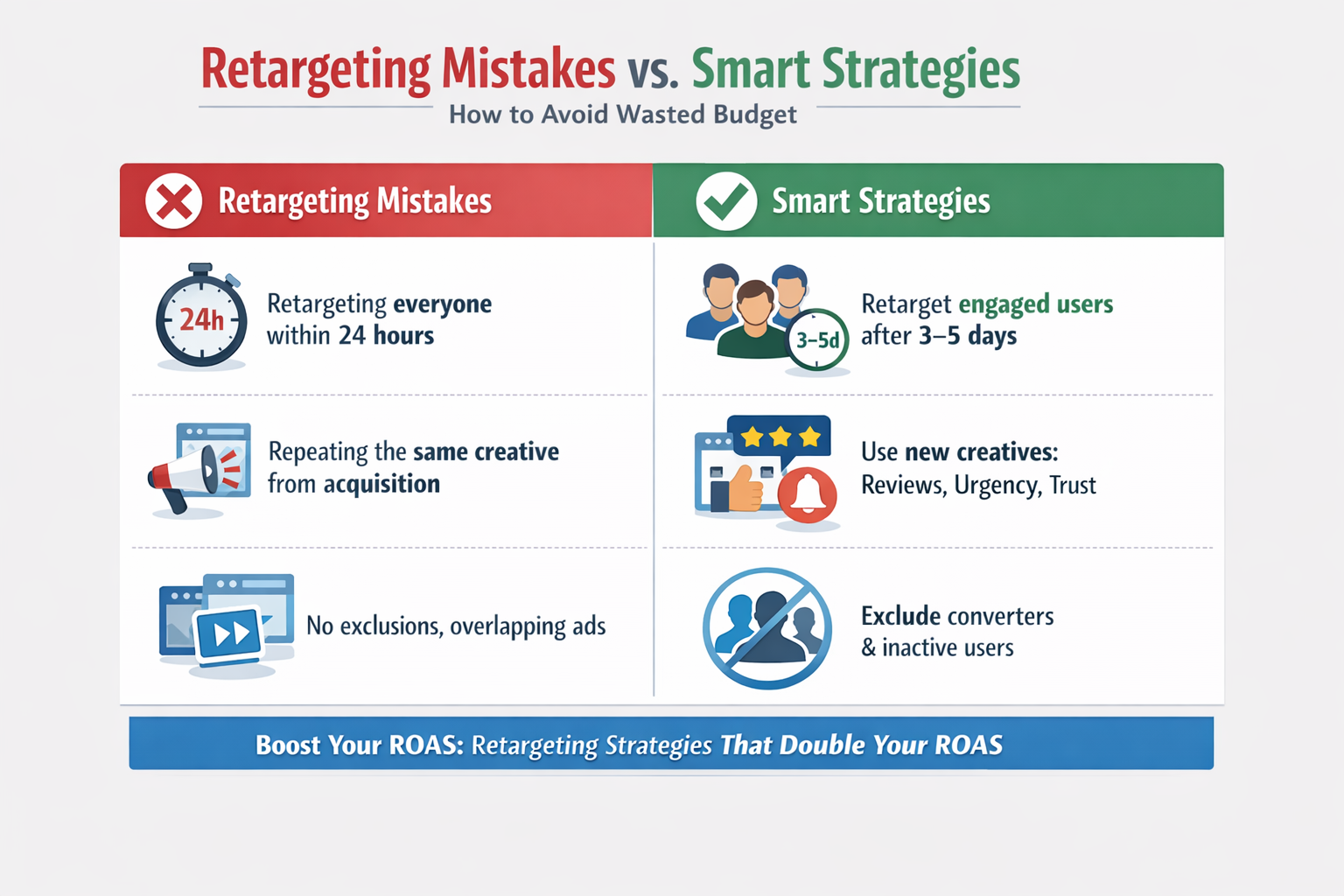 Side-by-side infographic showing common Facebook retargeting mistakes and proven strategies to boost ROAS.