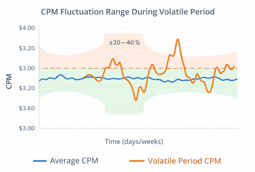Line chart comparing average cost per thousand impressions (CPM) with CPM during a volatile period, highlighting wide fluctuation bands