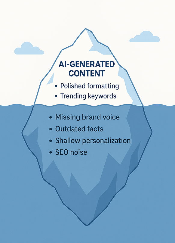 An iceberg showing visible polished AI content above water and hidden quality issues below