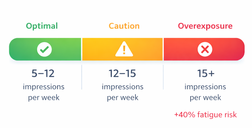 Bar chart showing optimal retargeting frequency between 5 and 12 impressions per week, with higher exposure leading to increased ad fatigue