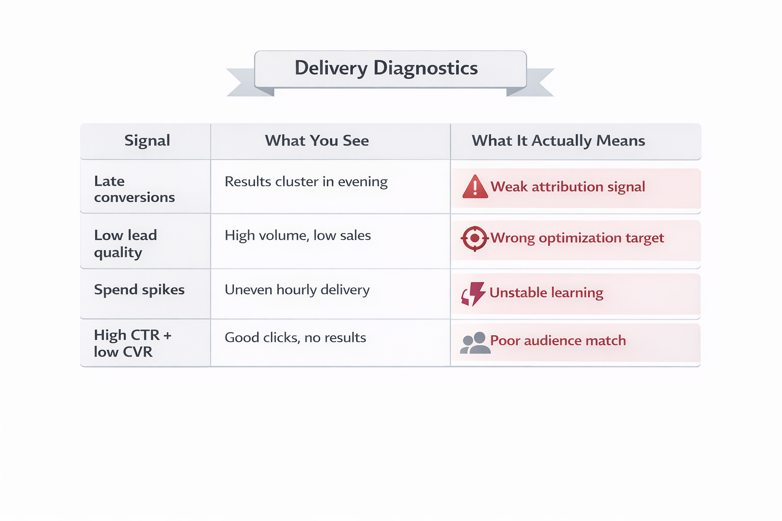Facebook ads diagnostics table linking delivery signals to underlying causes