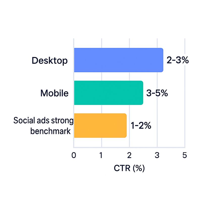 Bar chart comparing average CTR benchmarks: Desktop 2–3%, Mobile 3–5%, Social ads strong benchmark 1–2%