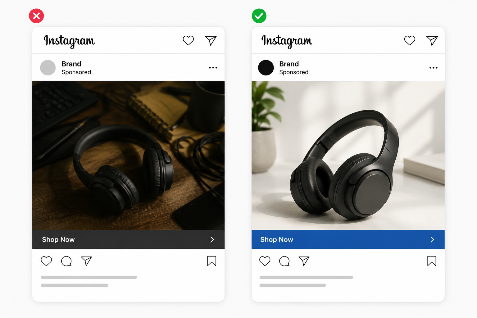 Side-by-side Instagram headphone ads comparing dark cluttered lighting with a clean well-lit composition to show how visual presentation affects trust and click intent.
