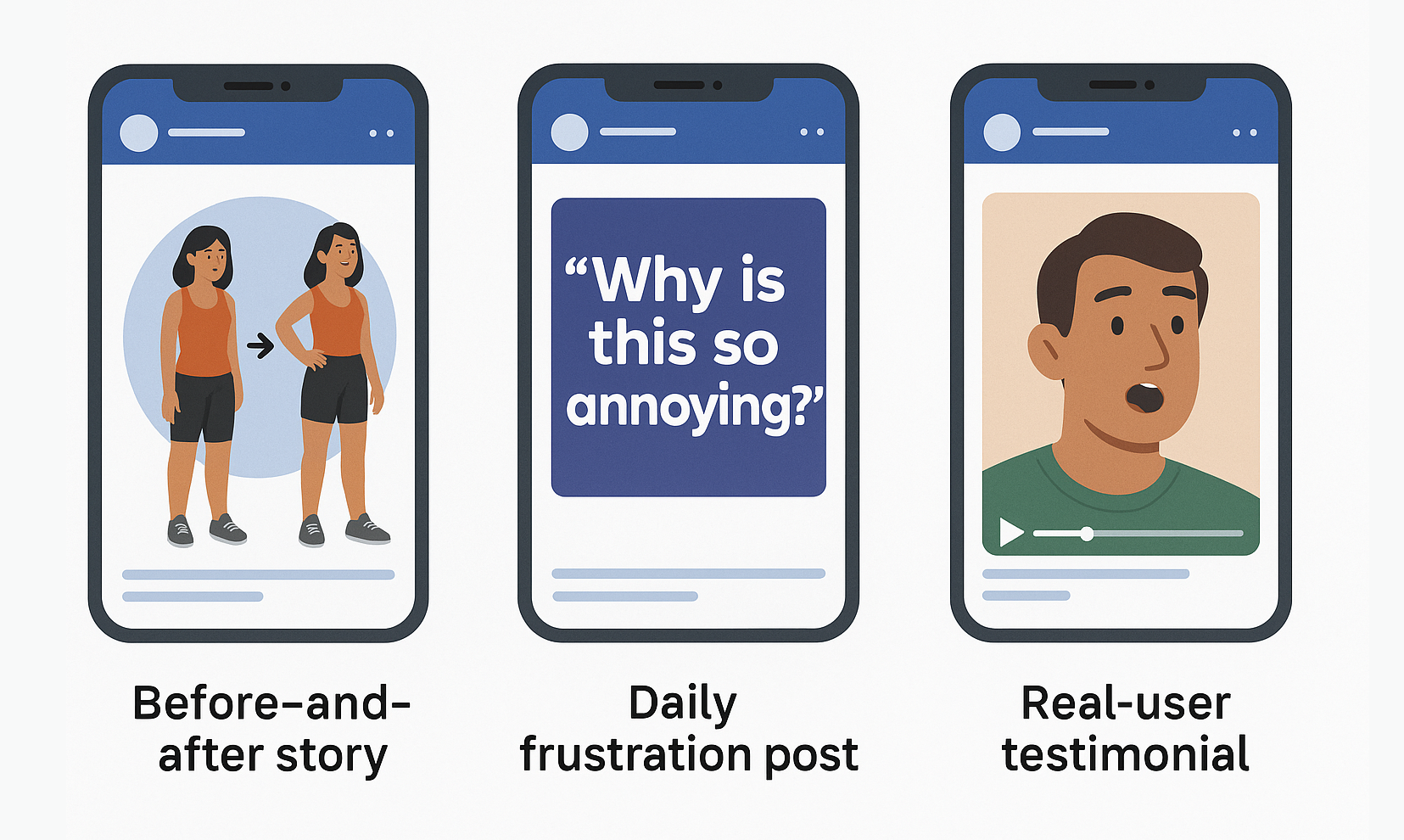 ChatGPT said:  Three illustrated Facebook ad examples: a before-and-after transformation, a daily frustration quote, and a real-user testimonial.