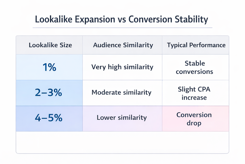 Table showing how larger lookalike audiences reduce similarity and increase CPA risk.