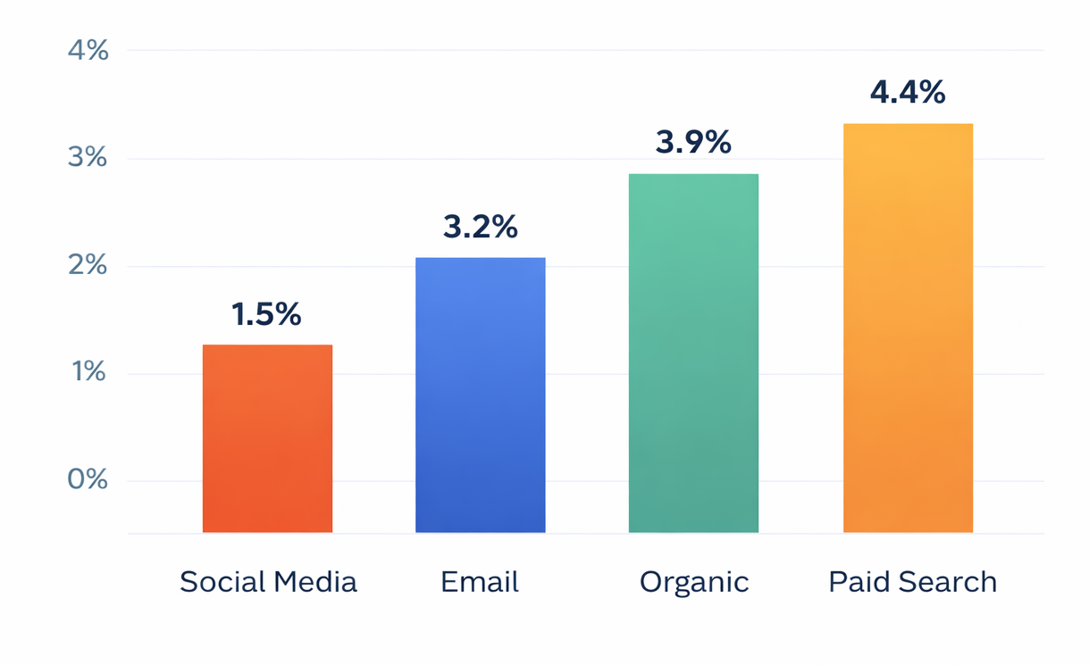 A bar chart comparing average conversion rates for social media, email, organic, and paid search channels