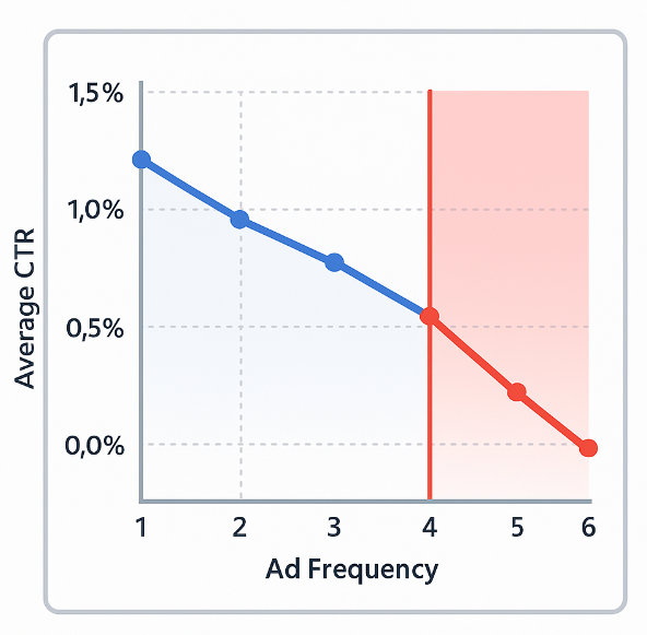 Line chart showing CTR (vertical) declining as ad frequency (horizontal) increases, with a sharp drop beyond frequency = 4