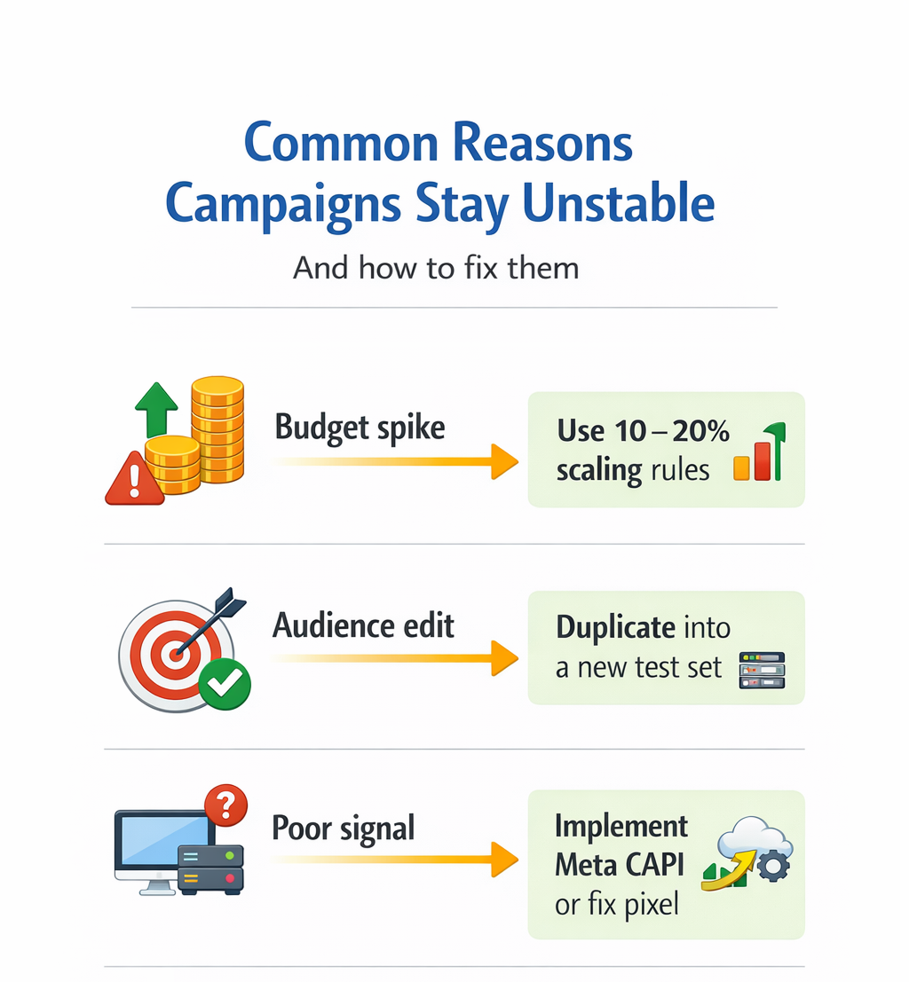 Facebook ad campaign instability causes and solutions flowchart with tips for fixing budget spikes, edits, and poor signals.