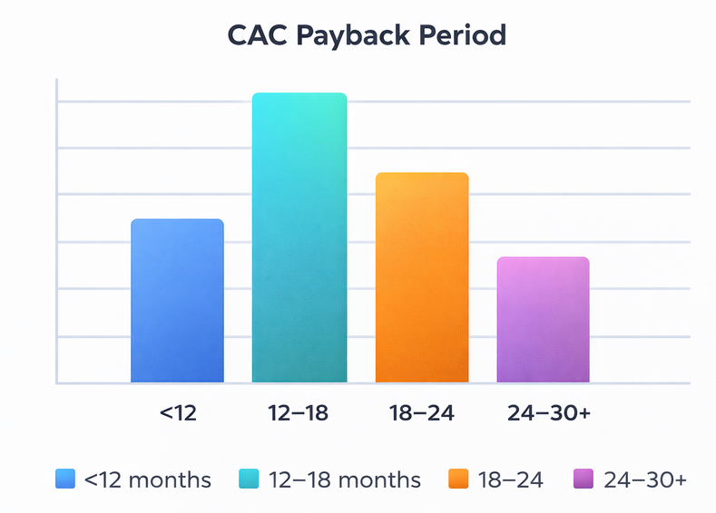 Column chart illustrating CAC payback period ranges with a median around 16 months and longer durations up to 30 months