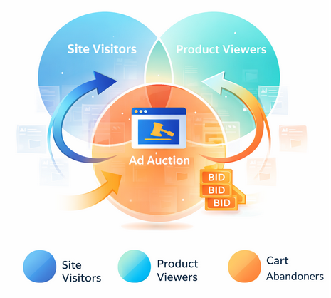Venn diagram showing overlapping retargeting audiences with arrows pointing to a central ad auction, illustrating campaign competition and duplicated ad exposure