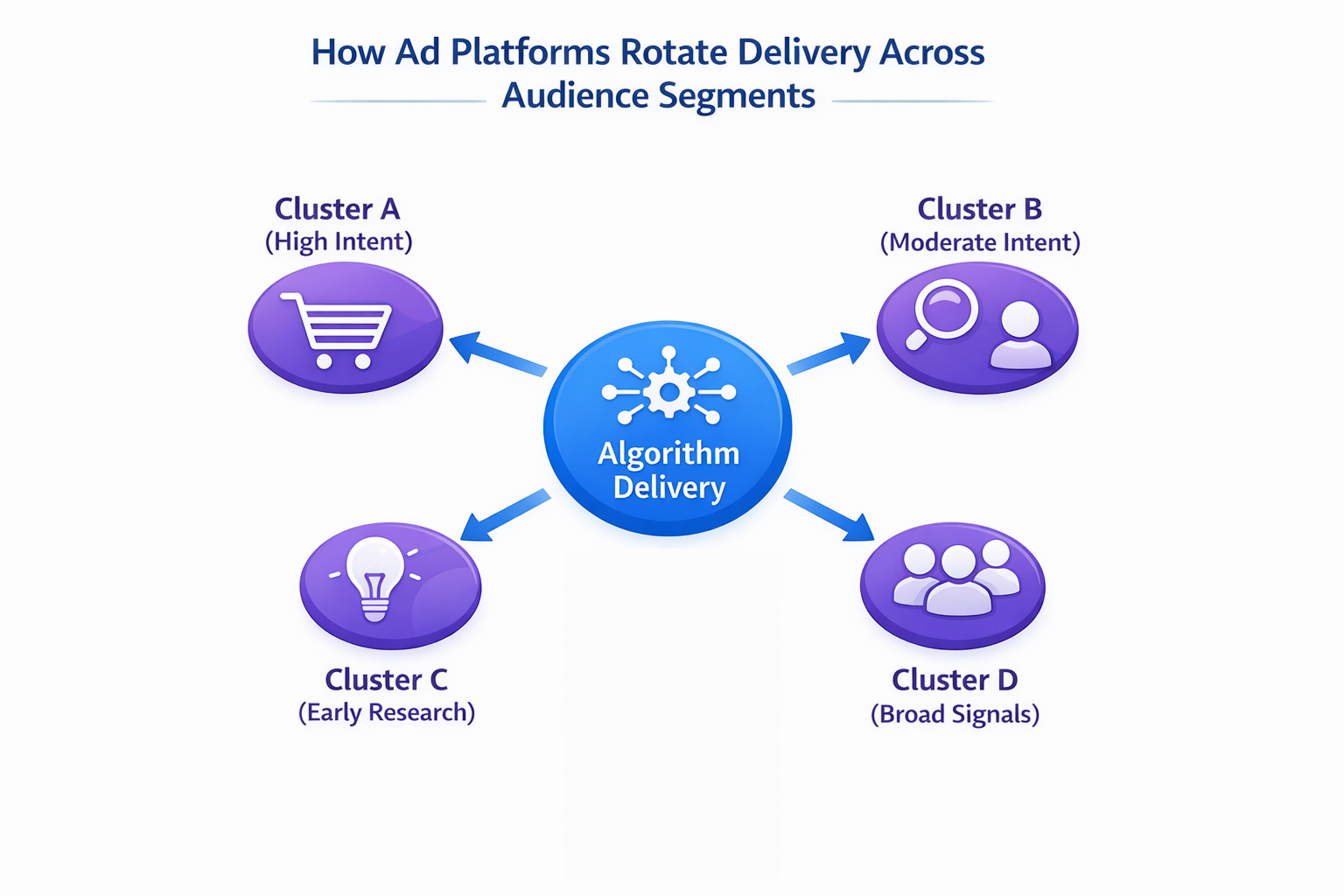 Diagram showing how an ad platform algorithm distributes impressions across high-intent, research, and broad audience clusters.