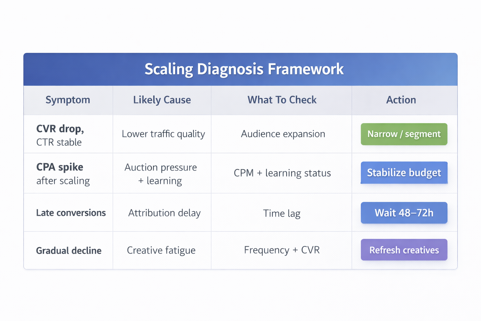 Table showing common scaling issues, their causes, what to check in Ads Manager, and recommended actions.