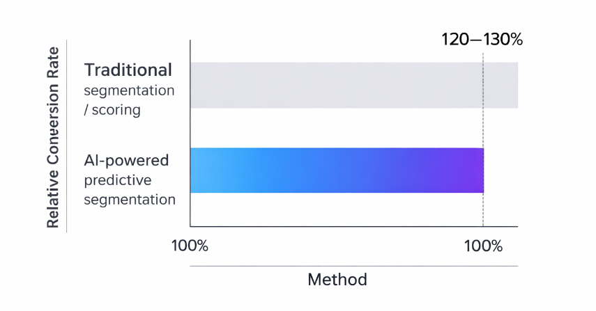 Bar chart showing conversion rates: traditional methods at baseline and AI-powered segmentation delivering a 20&ndash;30% higher conversion rate