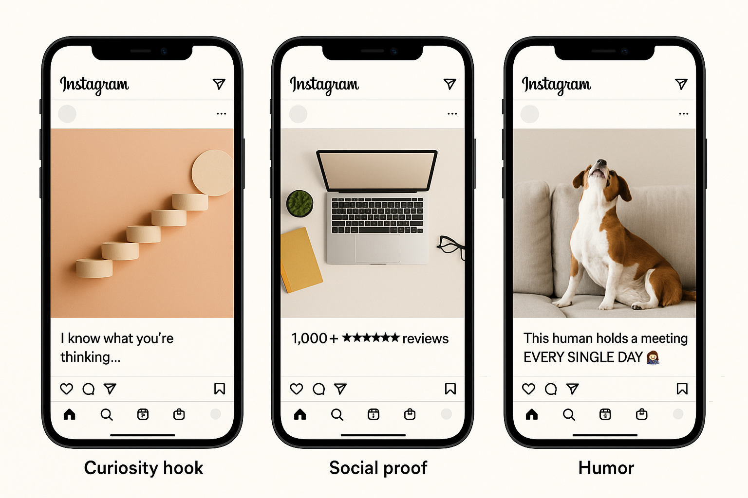 Three Instagram ad mockups showing different caption styles — curiosity hook, social proof, and humor — tailored for native engagement.