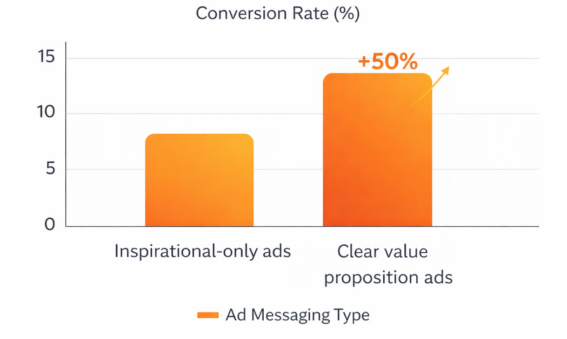 Column chart comparing conversion rates; value proposition ads show nearly a 50% higher conversion rate than inspirational-only ads