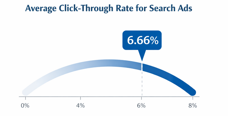 A chart showing the average click-through rate of 6.66% for search ads, used as a performance benchmark in campaign diagnostics