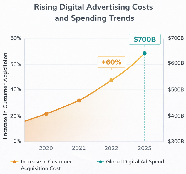 A dual-axis chart showing a 60% increase in customer acquisition costs over five years and a projected global digital ad spend of $700 billion in 2025