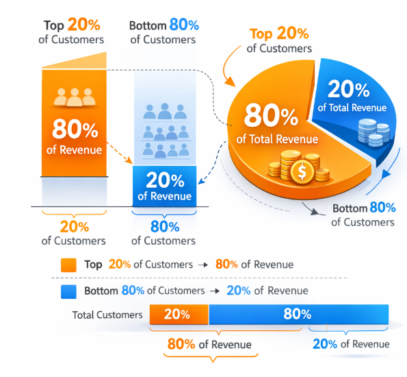Chart showing 20% of customers contributing 80% of total revenue, compared to 80% of customers contributing 20%