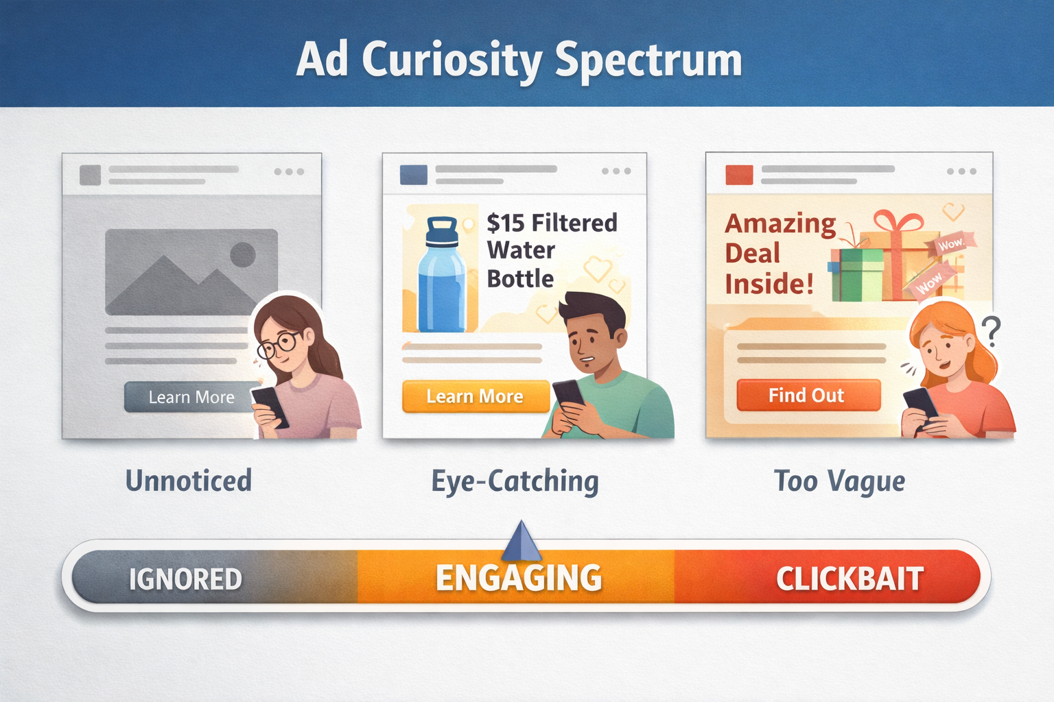 Ad Curiosity Spectrum showing three ad types: Unnoticed, Eye-Catching, and Too Vague, with corresponding user reactions.