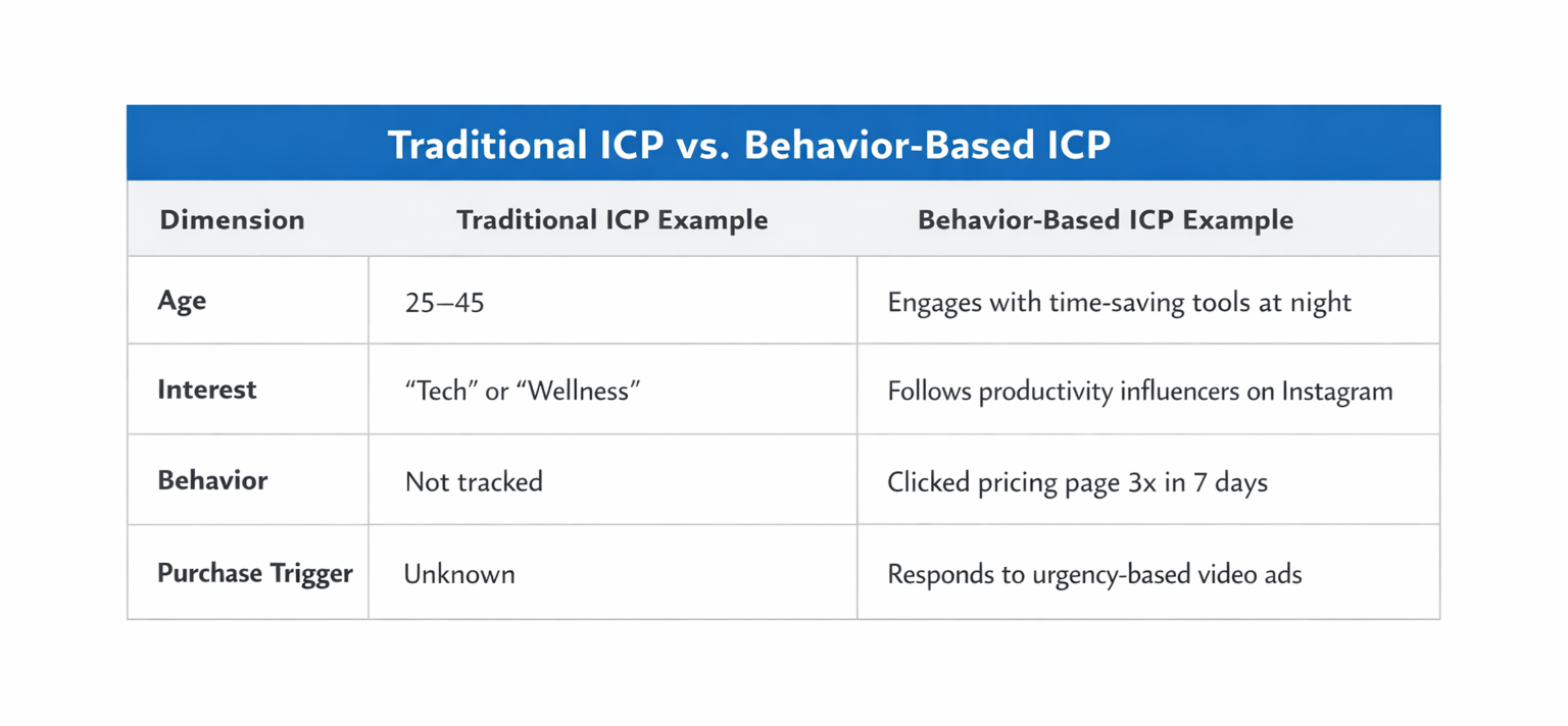 Comparison table showing key differences between a traditional ICP and a behavior-based ICP across age, interest, behavior, and purchase triggers.