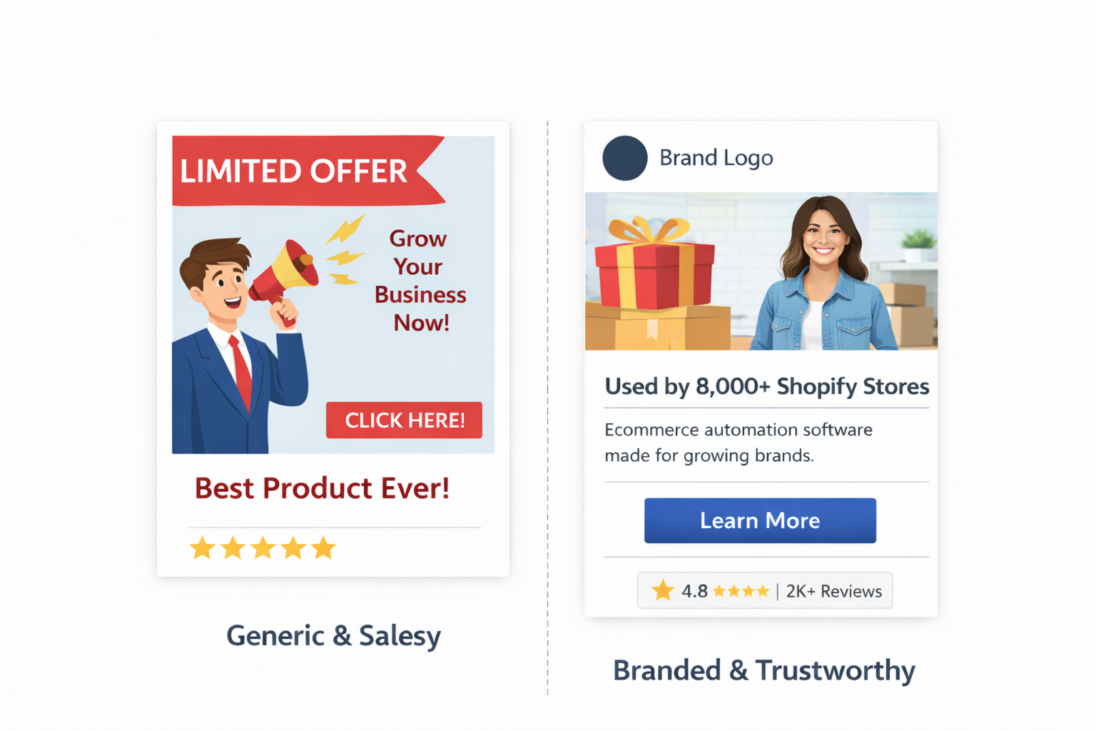 Side-by-side 2D illustration comparing a generic, salesy ad with a clean, branded, and trustworthy ad design.