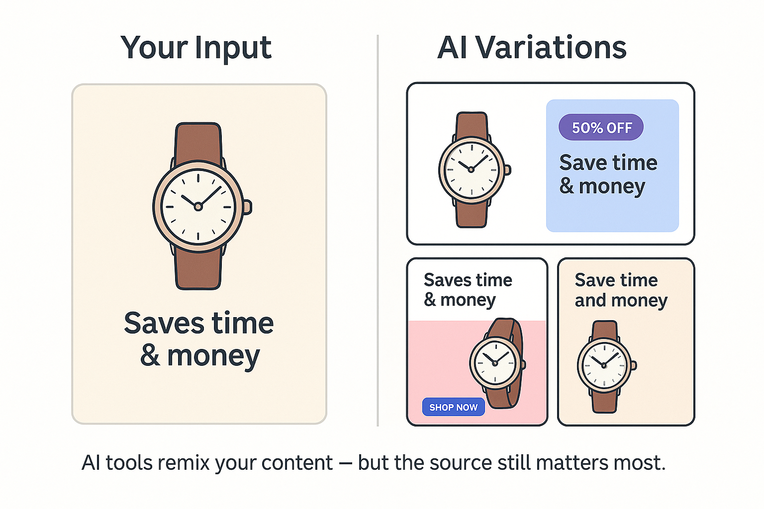 Illustration showing a watch ad and three AI-generated variations with different styles.