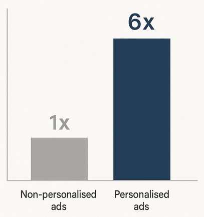 Bar chart comparing transaction rates: non-personalised ads (1×) vs personalised ads (6×)