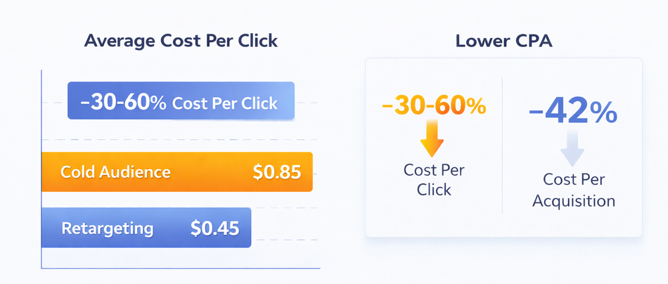Dual metric graphic showing average CPC for retargeting ads vs. cold campaign and CPA reduction percentages
