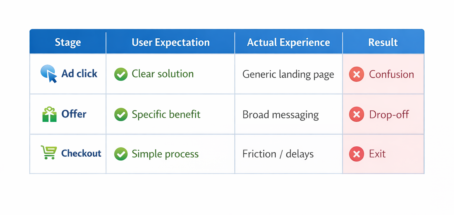 Ad click expectation vs reality conversion drop-off table