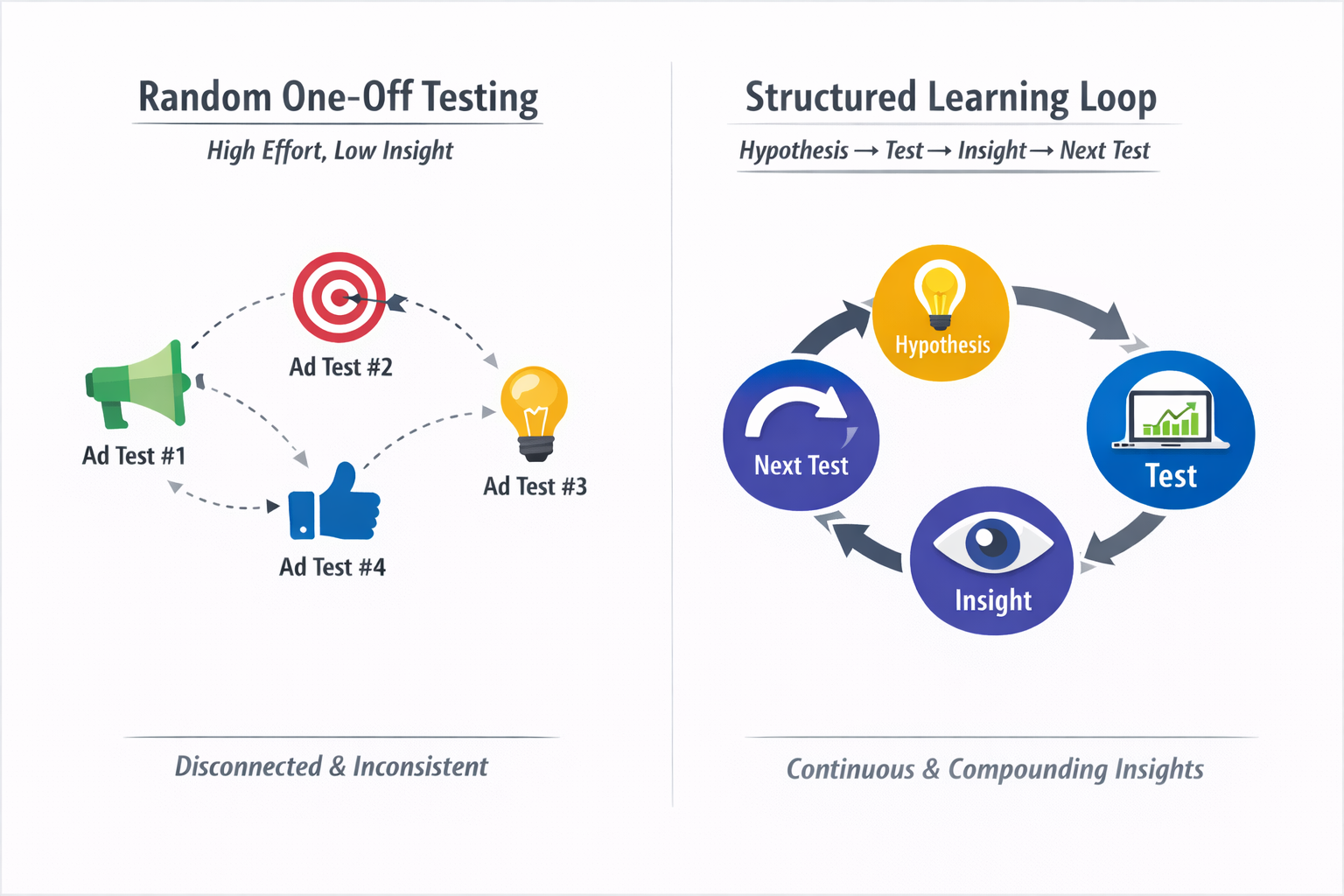 Structured Learning Loop vs Random Ad Testing &mdash; Visualizing Feedback-Driven Marketing Strategy