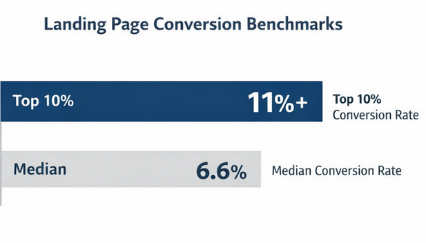 Chart comparing median landing page conversion rate (~6.6%) and top 10% performance (11%+)