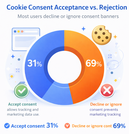 Donut chart showing that only about 31 percent of users accept cookie tracking while roughly 69 percent decline or ignore consent banners.