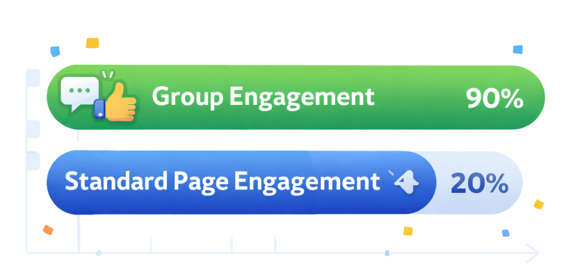 A bar chart showing up to 90% engagement rate in Facebook Groups compared to a much lower engagement rate for standard Facebook posts